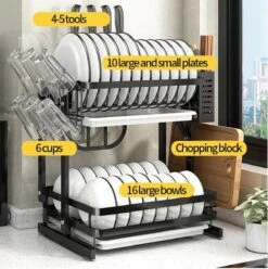 Doogo® Afdruiprek Met Lekbak 2 Laags – Inklapbaar - Muur Hangen Mogelijke - Afwasrek – Met 2 Lekbakken – Extra Accessories Voor Servies En Snijplanken - RVS -Lifestyle-Productwinkel 1195x1200 3