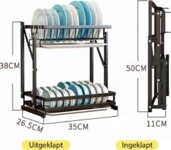 Doogo® Afdruiprek Met Lekbak 2 Laags – Inklapbaar - Muur Hangen Mogelijke - Afwasrek – Met 2 Lekbakken – Extra Accessories Voor Servies En Snijplanken - RVS -Lifestyle-Productwinkel 1200x1056