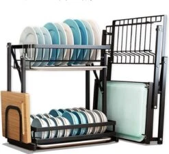 Doogo® Afdruiprek Met Lekbak 2 Laags – Inklapbaar - Muur Hangen Mogelijke - Afwasrek – Met 2 Lekbakken – Extra Accessories Voor Servies En Snijplanken - RVS -Lifestyle-Productwinkel 1200x1095