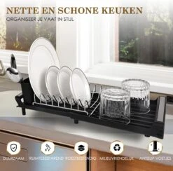 MIRI Afdruiprek – Afwasrek – Uitschuifbaar – Met Lekbak In Gootsteen – Afwas – Roestvrij Staal – Zwart -Lifestyle-Productwinkel 1200x1183 2