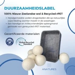 ANATURES Wollen XL Drogerballen 6 Stuks In Opbergmand – Herbruikbare Droogballen Wasdroger – Nieuw Zeelands RWS Schaapswol - Wasdrogerballen Duurzaam – Natuurlijke Wasverzachter -Lifestyle-Productwinkel 1200x1200 492