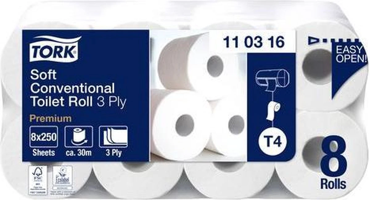 Tork Traditioneel Toiletpapier 3-laags Wit 250 Vel T4 Premium 4 Tork Traditioneel Toiletpapier 3-laags Wit 250 Vel T4 Premium - Afbeelding 2