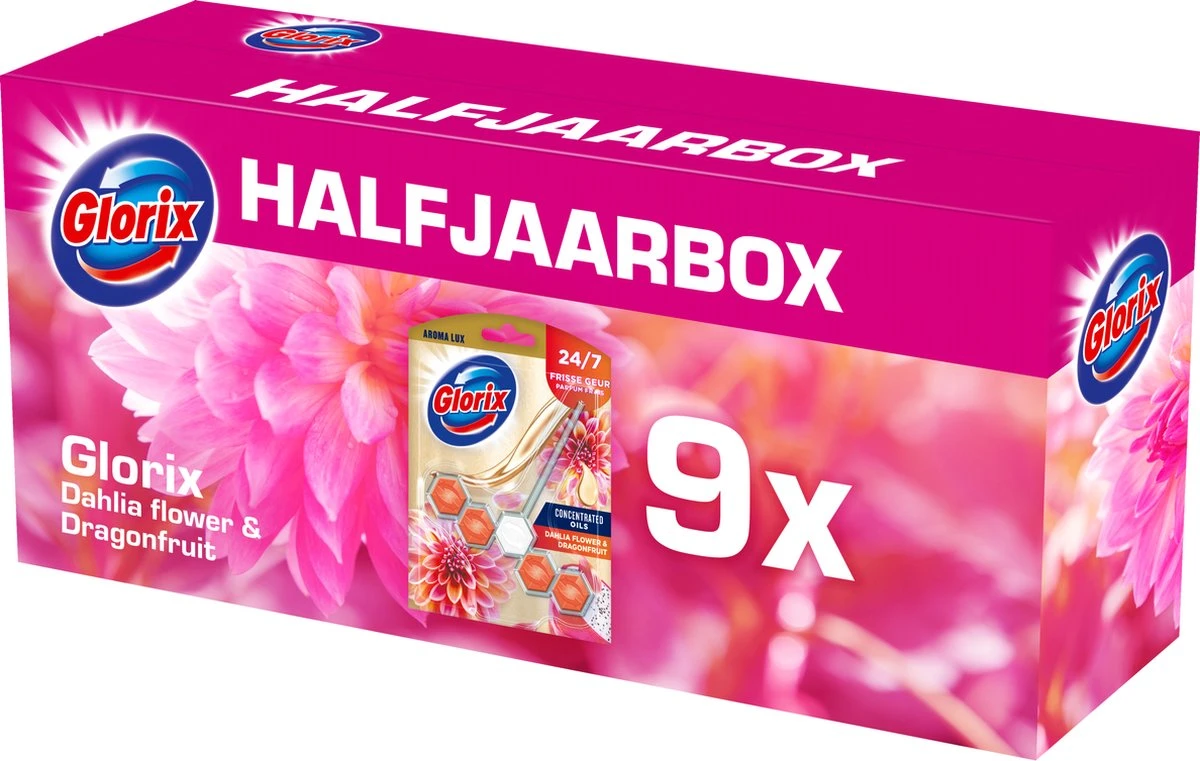 Glorix Aroma Lux Dahlia Flower & Dragonfruit - 9 Toiletblokken - Halfjaarbox - Voordeelverpakking 5 Glorix Aroma Lux Dahlia Flower & Dragonfruit - 9 Toiletblokken - Halfjaarbox - Voordeelverpakking - Afbeelding 3