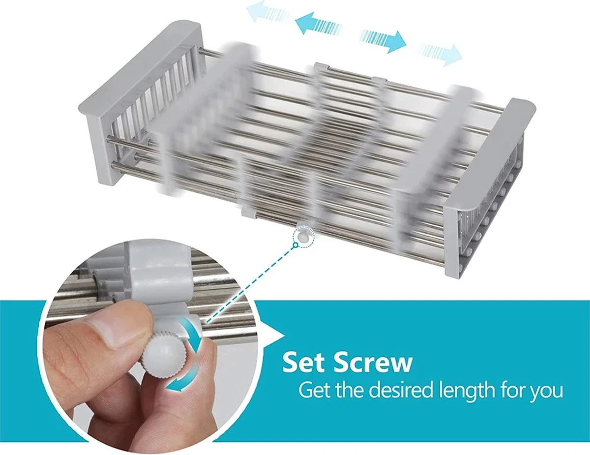 IBright Verstelbare Keukenrek - Gootsteen Mand - Afdruiprek – Vergiet – Verstelbaar In Lengte - Uitschuifbaar - RVS Grijs 7 IBright Verstelbare Keukenrek - Gootsteen Mand - Afdruiprek – Vergiet – Verstelbaar In Lengte - Uitschuifbaar - RVS Grijs - Afbeelding 5