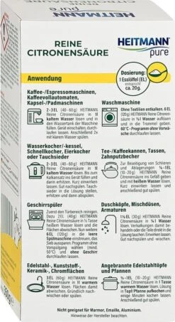 HEITMANN Pure Ontkalker- Citroenzuur Ontkalker, Natuurvriendelijke Kalkreiniger Voor Een Hygiënische Reiniging - Poeder, 1x 350 G -Lifestyle-Productwinkel 654x1200